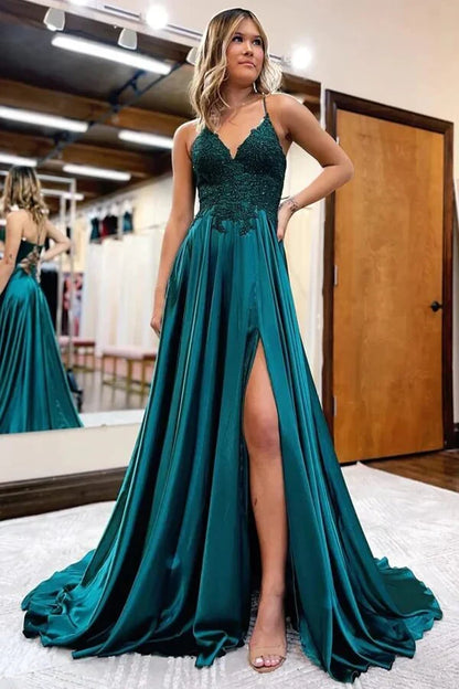 Dress Satin A-line Lace Up V-neck Spaghetti Straps Prom Dresses With Slit