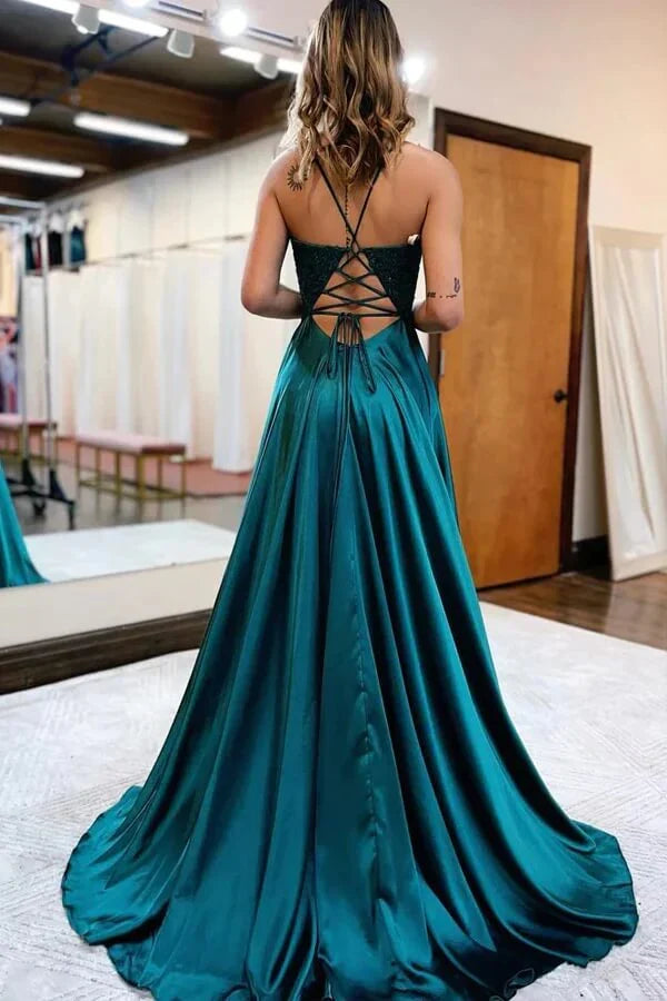 Dress Satin A-line Lace Up V-neck Spaghetti Straps Prom Dresses With Slit