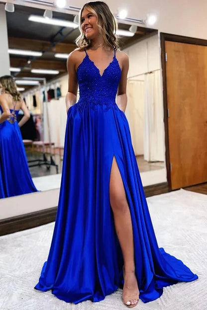 Dress Satin A-line Lace Up V-neck Spaghetti Straps Prom Dresses With Slit