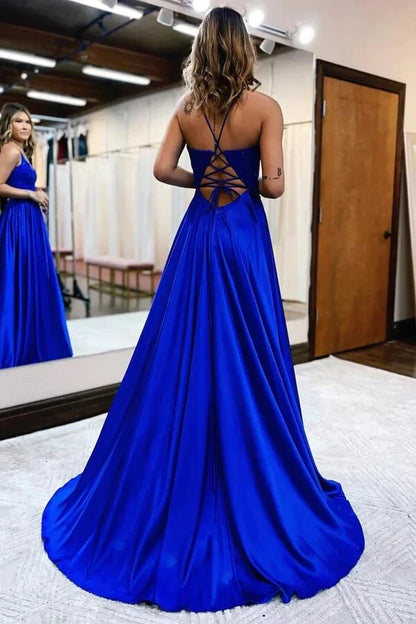 Dress Satin A-line Lace Up V-neck Spaghetti Straps Prom Dresses With Slit