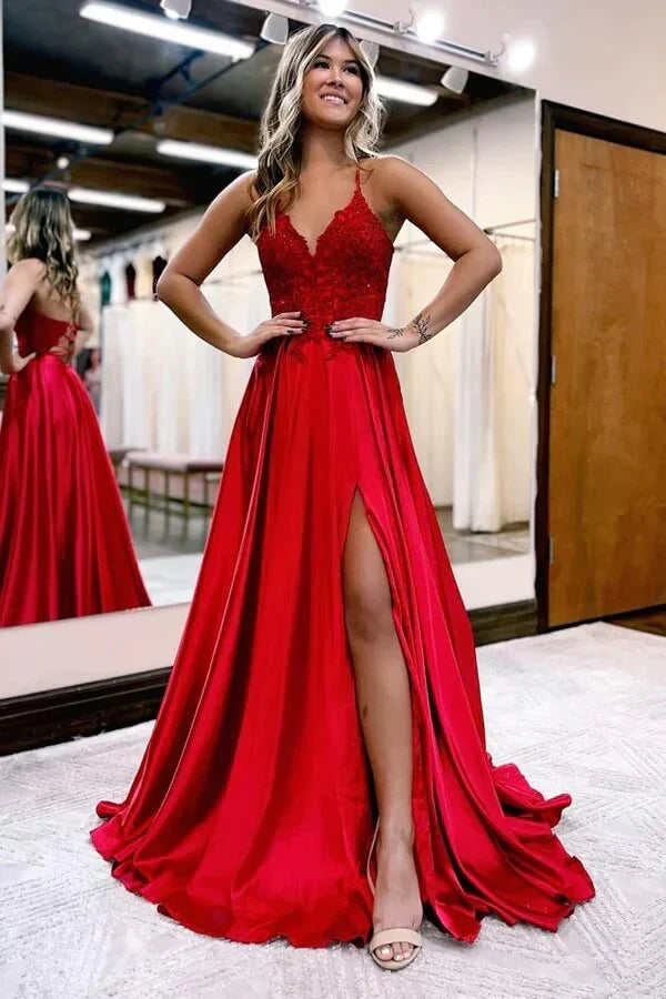 Dress Satin A-line Lace Up V-neck Spaghetti Straps Prom Dresses With Slit