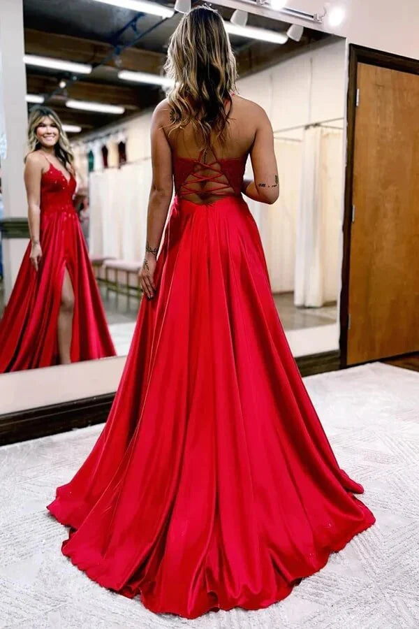 Dress Satin A-line Lace Up V-neck Spaghetti Straps Prom Dresses With Slit