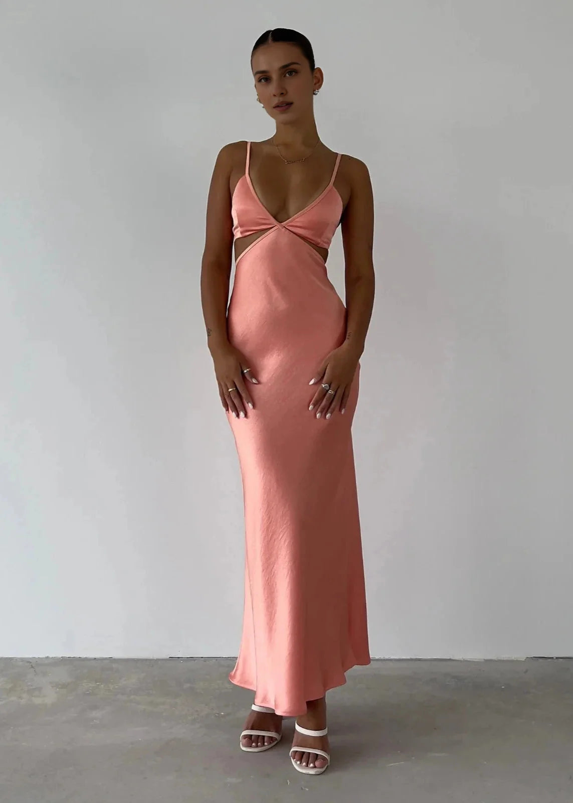 Soft Satin Mermaid V‑Neck Spaghetti Straps Cut‑Out Ankle‑Length Prom Dress For Event