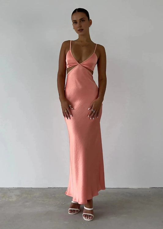 Soft Satin Mermaid V‑Neck Spaghetti Straps Cut‑Out Ankle‑Length Prom Dress For Event
