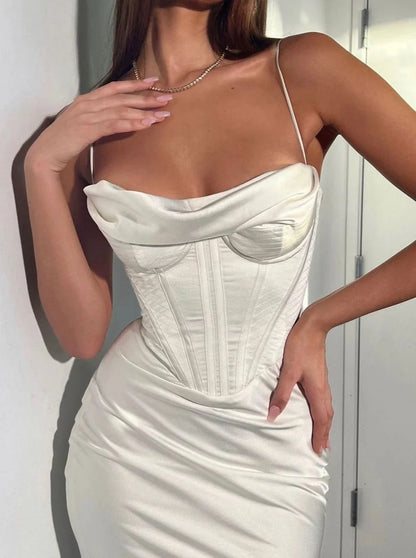 Dress Satin Dress Low Neck Spaghetti Strap High Waist Midi Dress Chic Woman Party Prom Dress