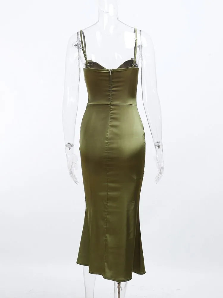 Dress Satin Dress Low Neck Spaghetti Strap High Waist Midi Dress Chic Woman Party Prom Dress