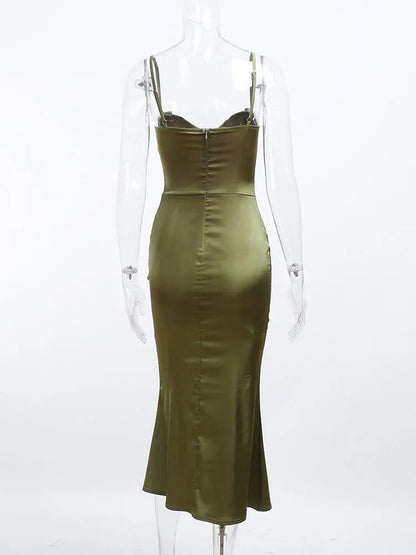 Dress Satin Dress Low Neck Spaghetti Strap High Waist Midi Dress Chic Woman Party Prom Dress