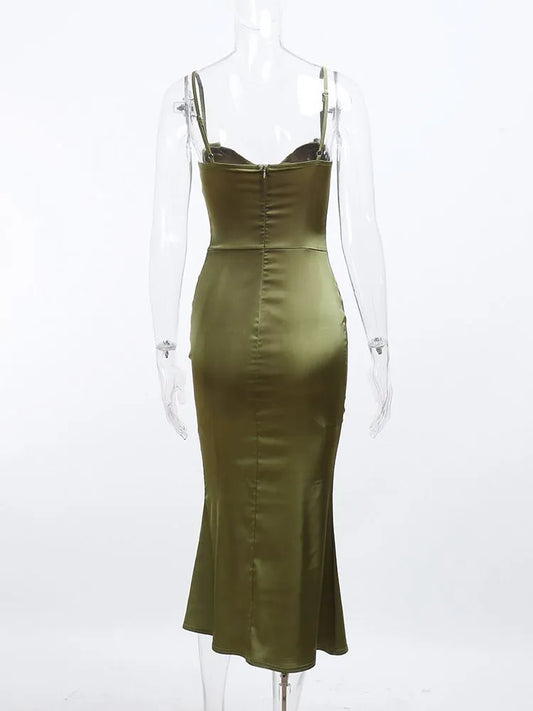 Dress Satin Dress Low Neck Spaghetti Strap High Waist Midi Dress Chic Woman Party Prom Dress