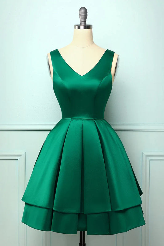 Dress Satin Green Ball Short Homecoming Dress Sleeveless A-Line V Back Party Dress