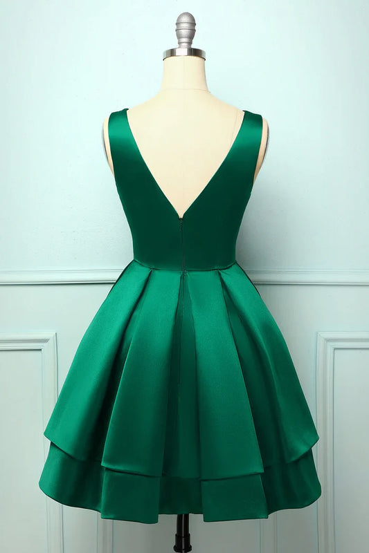 Dress Satin Green Ball Short Homecoming Dress Sleeveless A-Line V Back Party Dress