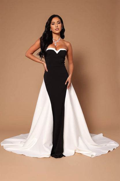 Dress Satin Maxi Dress WhiteBlack Combo Off Shoulder Sleeveless A-line With Train