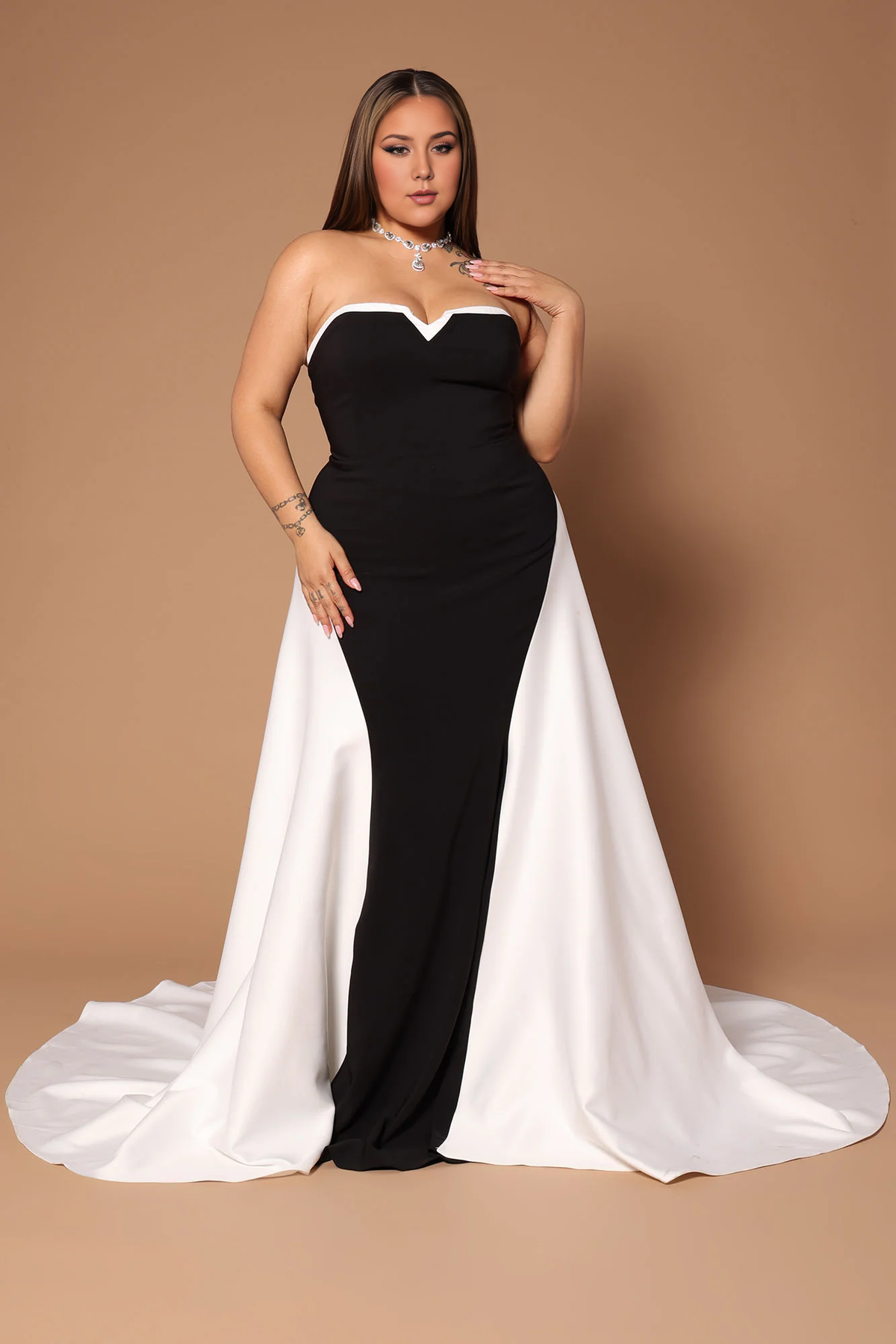 Dress Satin Maxi Dress WhiteBlack Combo Off Shoulder Sleeveless A-line With Train