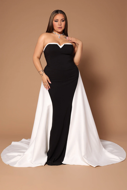 Dress Satin Maxi Dress WhiteBlack Combo Off Shoulder Sleeveless A-line With Train