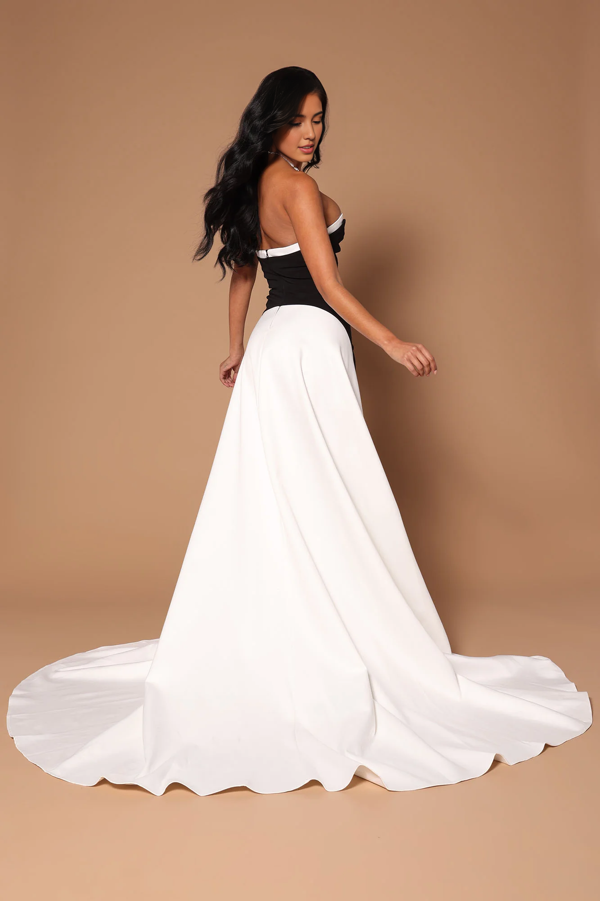Dress Satin Maxi Dress WhiteBlack Combo Off Shoulder Sleeveless A-line With Train