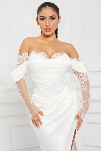 Dress Satin Maxi Dress White Party Dress Off Shoulder Lace Long Sleeves Mermaid