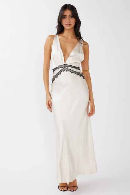 Dress Emerald Green Satin Maxi Dress with Plunging V Neckline and Lace Waist Detail Prom Dress