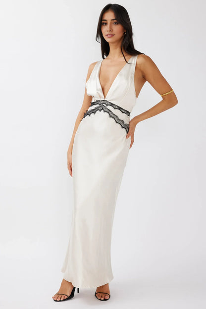 Dress Emerald Green Satin Maxi Dress with Plunging V Neckline and Lace Waist Detail Prom Dress