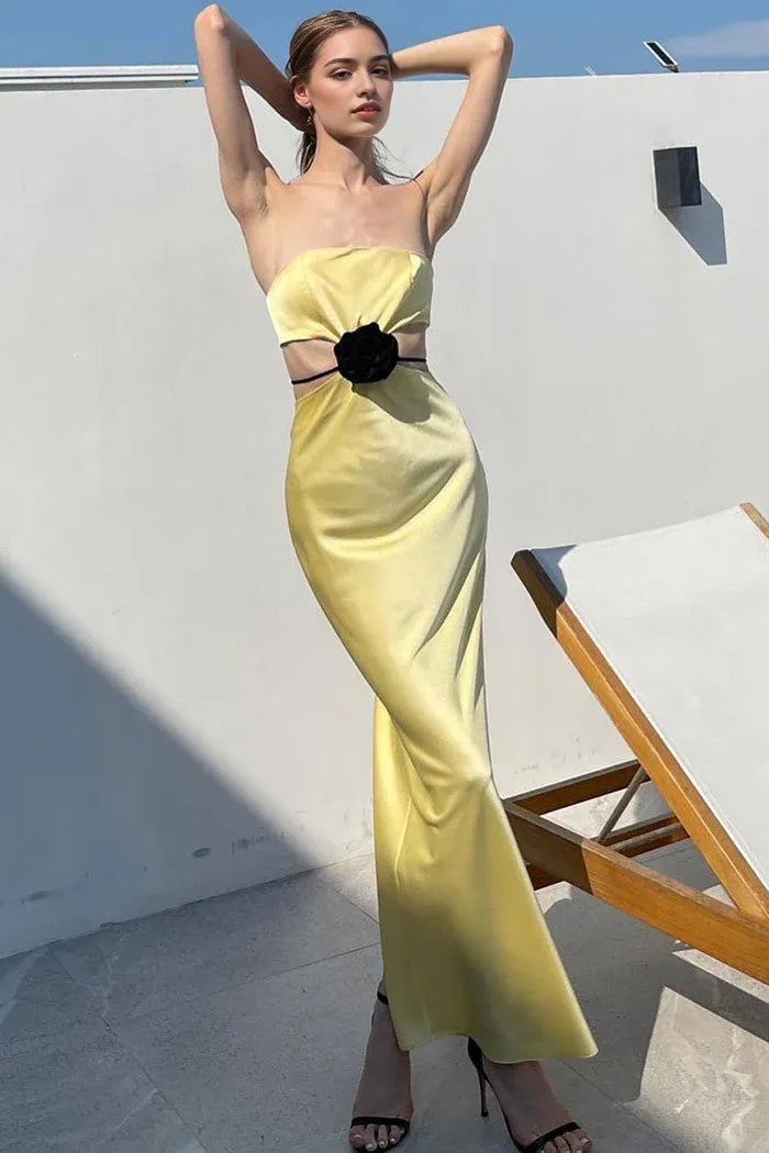 Dress Satin Rosette Trim Cutout Strapless Summer Prom Maxi Dress Sleeveless Simple Party Dress