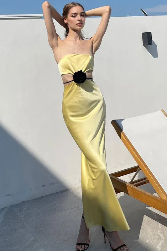 Dress Satin Rosette Trim Cutout Strapless Summer Prom Maxi Dress Sleeveless Simple Party Dress