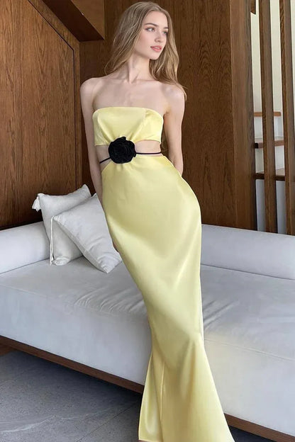 Dress Satin Rosette Trim Cutout Strapless Summer Prom Maxi Dress Sleeveless Simple Party Dress