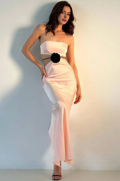 Dress Satin Rosette Trim Cutout Strapless Summer Prom Maxi Dress Sleeveless Simple Party Dress