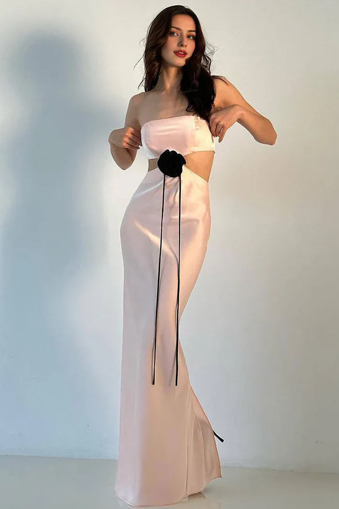 Dress Satin Rosette Trim Cutout Strapless Summer Prom Maxi Dress Sleeveless Simple Party Dress