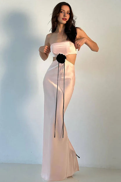 Dress Satin Rosette Trim Cutout Strapless Summer Prom Maxi Dress Sleeveless Simple Party Dress