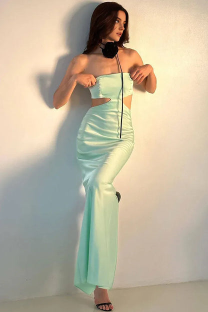 Dress Satin Rosette Trim Cutout Strapless Summer Prom Maxi Dress Sleeveless Simple Party Dress