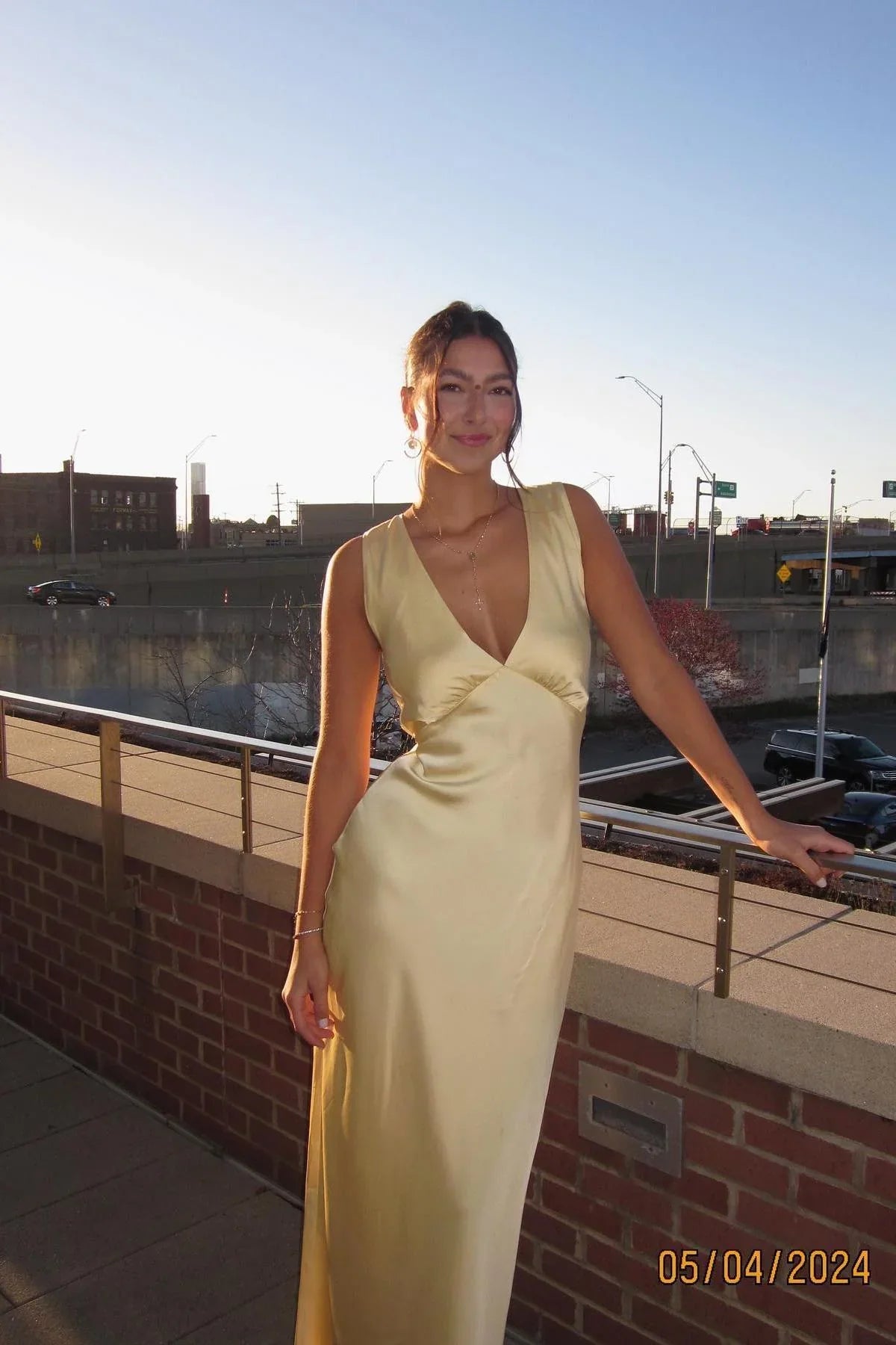 Dress Satin V Neck Yellow Cowl Back Party Dress Sheath Maxi Dress Prom Dress