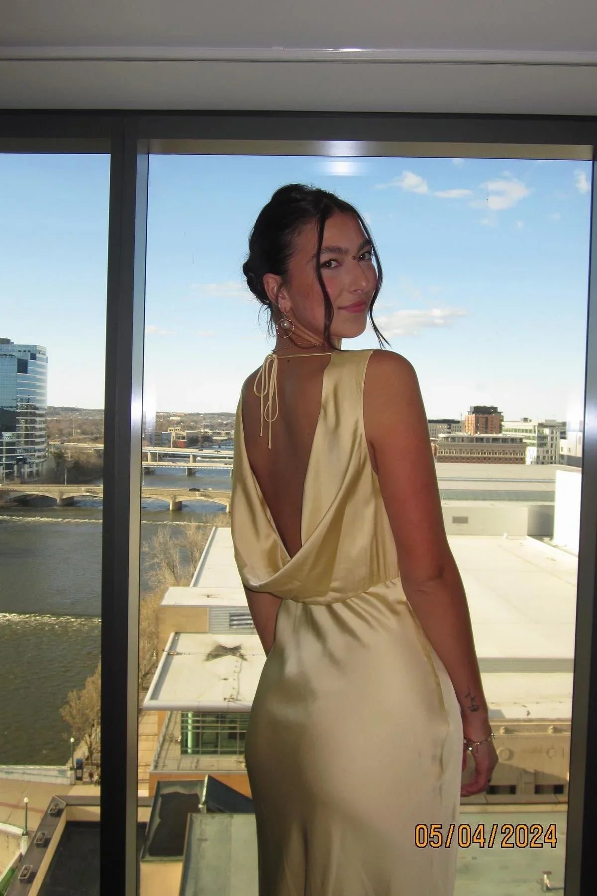 Dress Satin V Neck Yellow Cowl Back Party Dress Sheath Maxi Dress Prom Dress