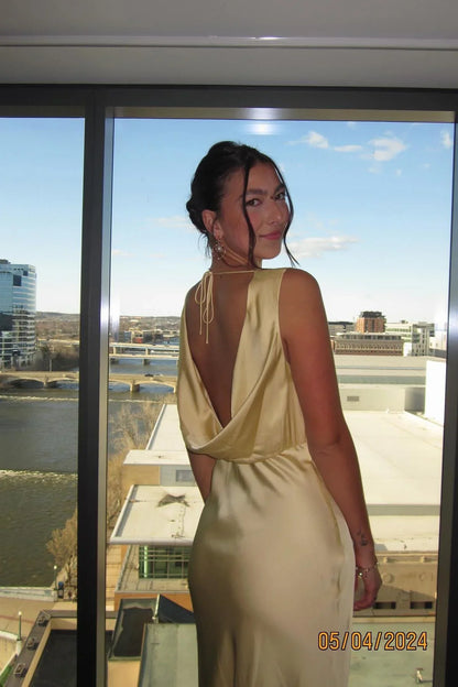 Dress Satin V Neck Yellow Cowl Back Party Dress Sheath Maxi Dress Prom Dress