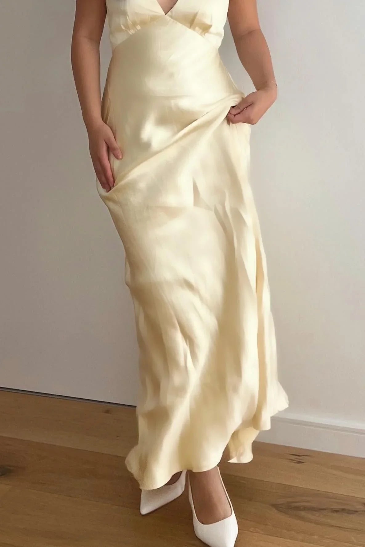 Dress Satin V Neck Yellow Cowl Back Party Dress Sheath Maxi Dress Prom Dress
