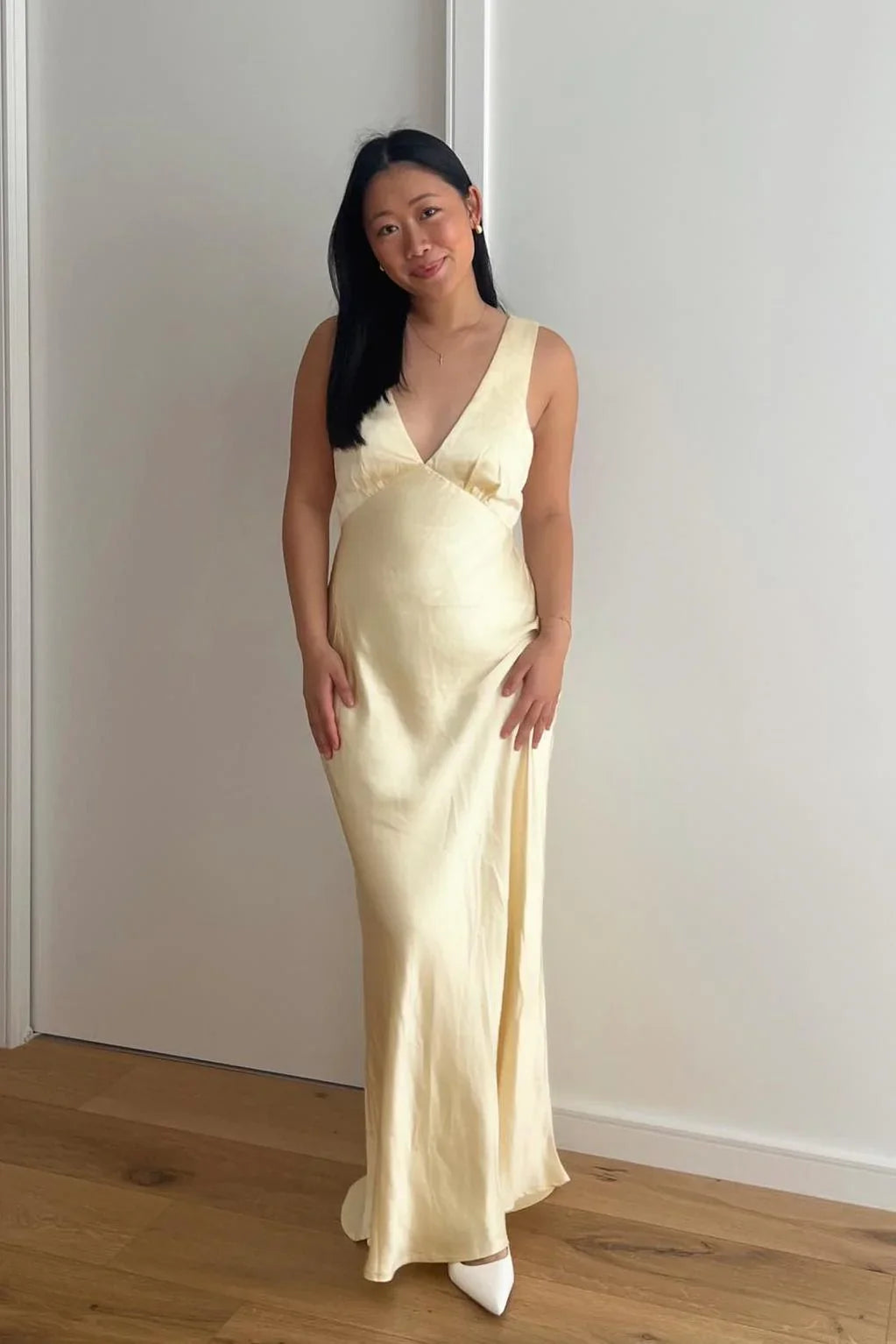 Dress Satin V Neck Yellow Cowl Back Party Dress Sheath Maxi Dress Prom Dress