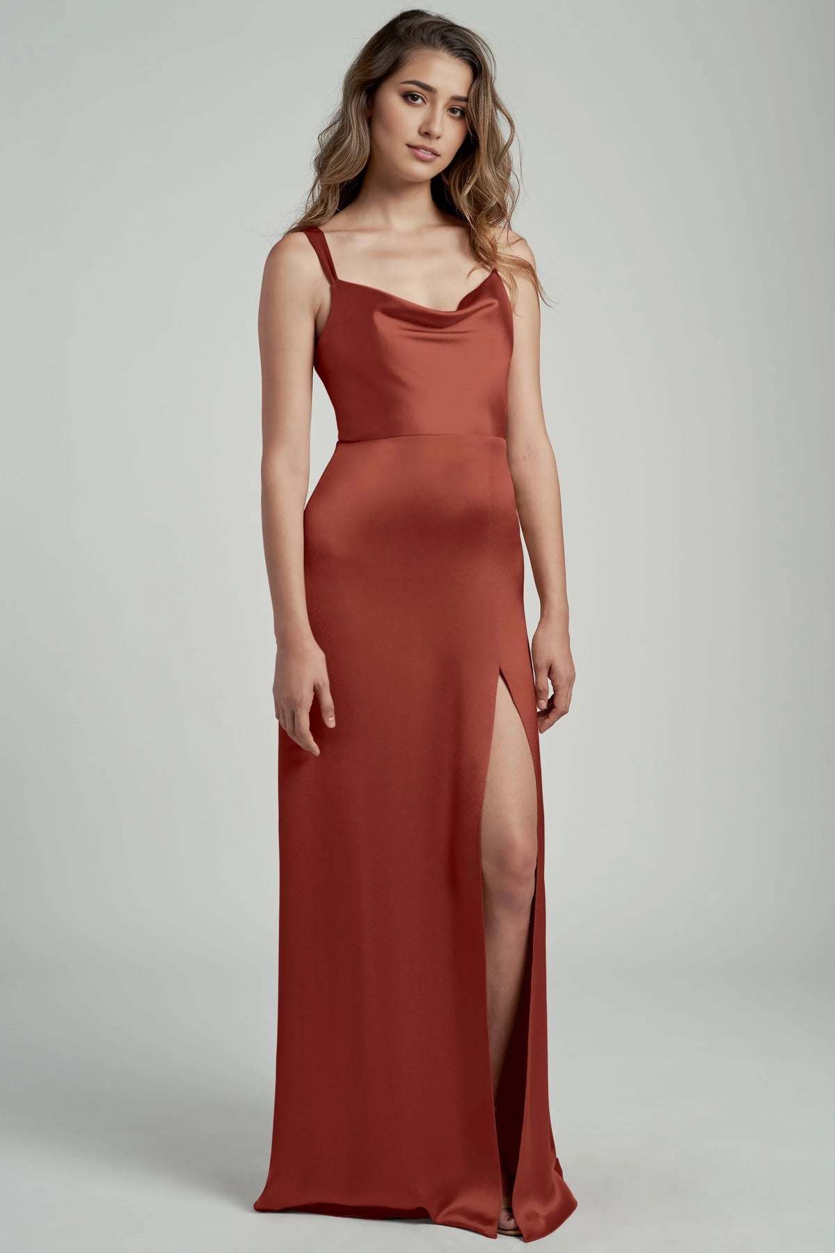 Dress Satin Wide Pleated Straps Cowl Neck Evening Dress Bridesmaid Dress Floor-Length Sheath Slit Open Back Prom Dress