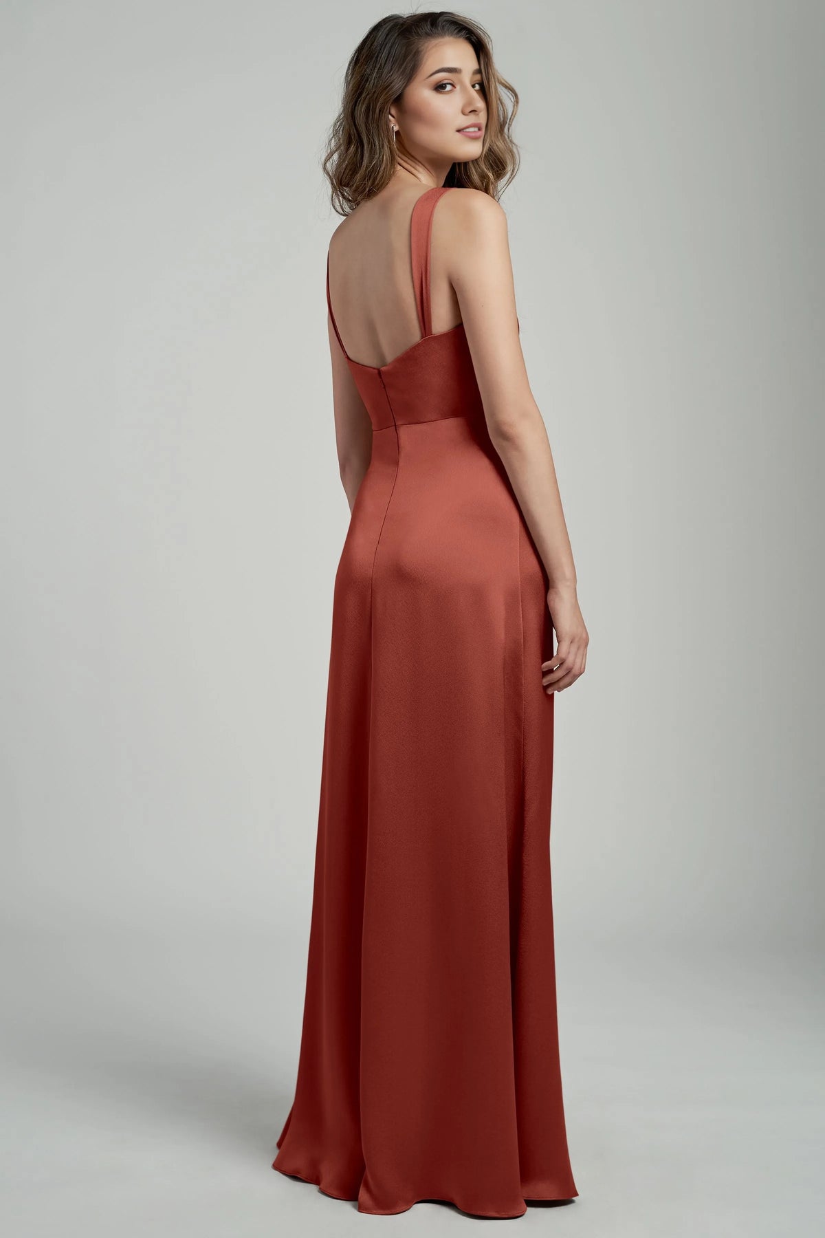 Dress Satin Wide Pleated Straps Cowl Neck Evening Dress Bridesmaid Dress Floor-Length Sheath Slit Open Back Prom Dress