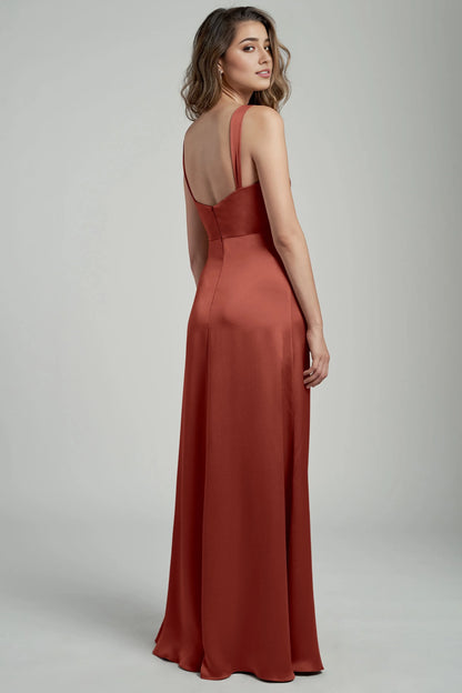 Dress Satin Wide Pleated Straps Cowl Neck Evening Dress Bridesmaid Dress Floor-Length Sheath Slit Open Back Prom Dress