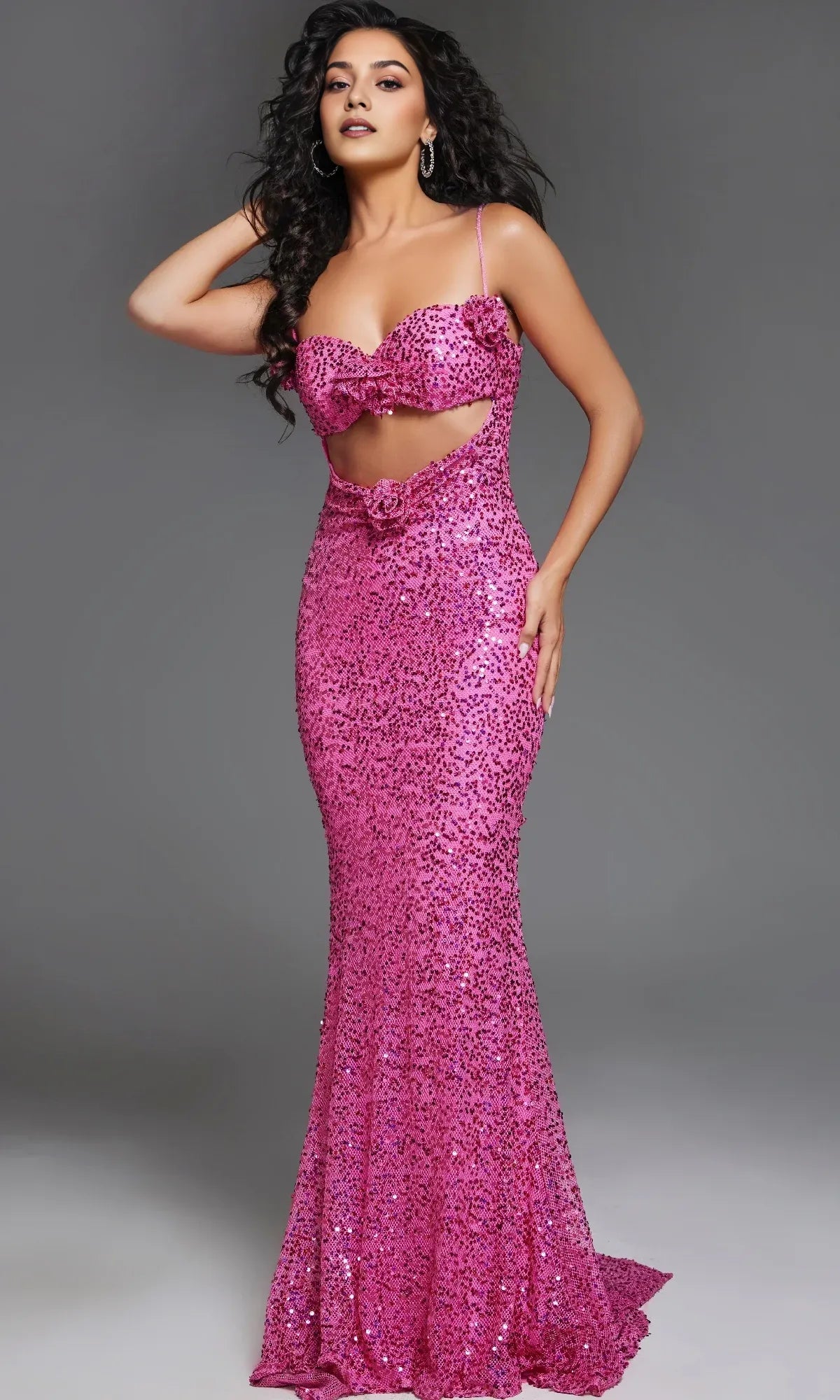 Dress Sequin Hot Pink Prom Dress Spaghetti Straps Formal Dress Sweep/Brush Train Sleeveless Backless Lace Up Prom Dress