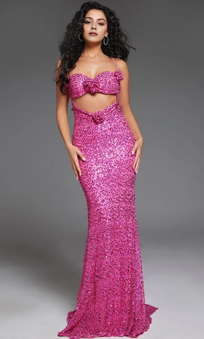 Dress Sequin Hot Pink Prom Dress Spaghetti Straps Formal Dress Sweep/Brush Train Sleeveless Backless Lace Up Prom Dress