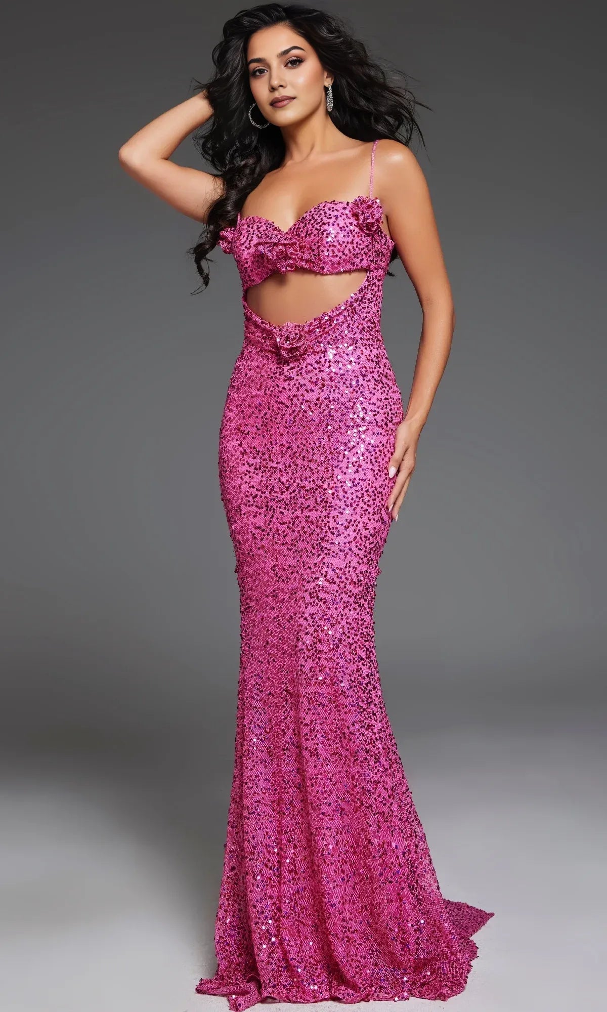 Dress Sequin Hot Pink Prom Dress Spaghetti Straps Formal Dress Sweep/Brush Train Sleeveless Backless Lace Up Prom Dress