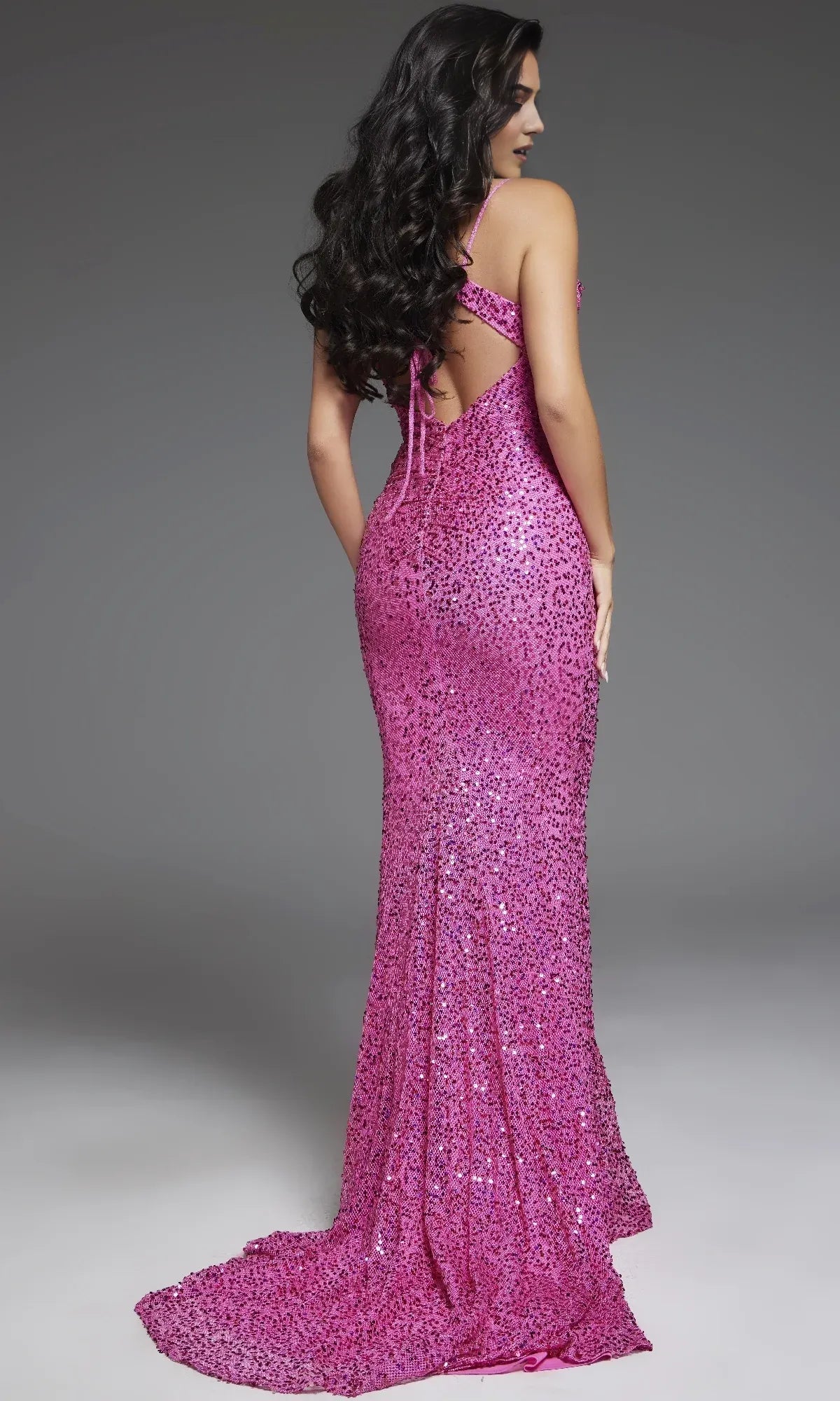 Dress Sequin Hot Pink Prom Dress Spaghetti Straps Formal Dress Sweep/Brush Train Sleeveless Backless Lace Up Prom Dress