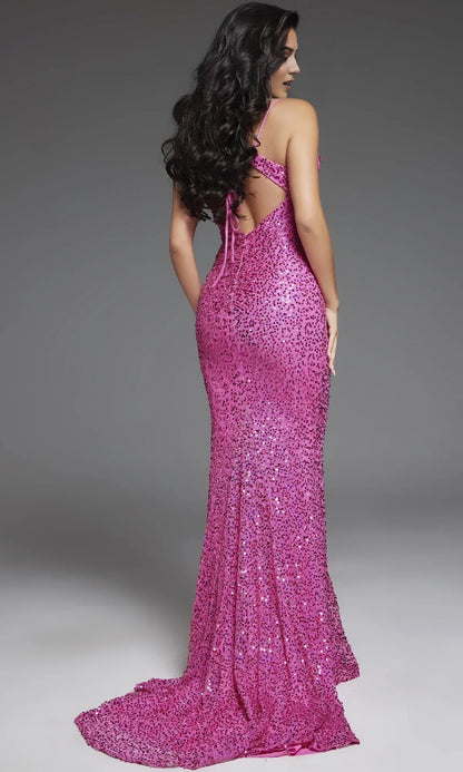 Dress Sequin Hot Pink Prom Dress Spaghetti Straps Formal Dress Sweep/Brush Train Sleeveless Backless Lace Up Prom Dress