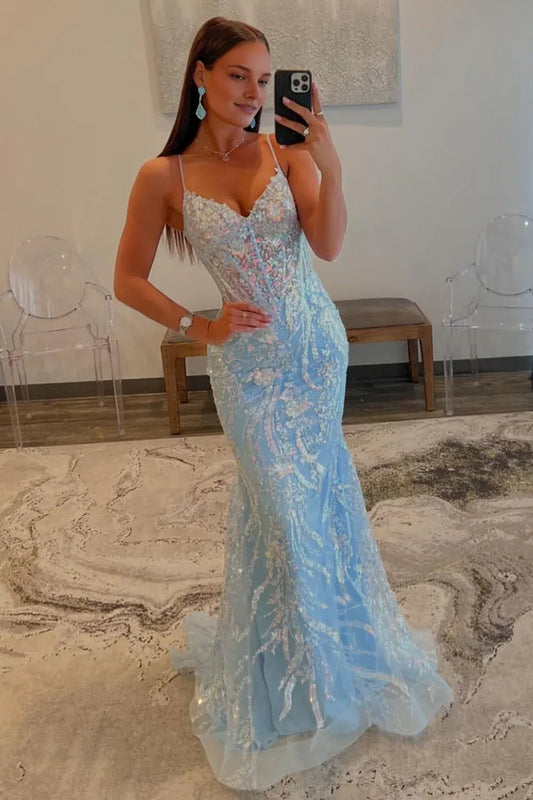 Dress Sequin Light Blue Mermaid Spaghetti Straps Sweep Train Prom Dress
