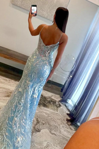 Dress Sequin Light Blue Mermaid Spaghetti Straps Sweep Train Prom Dress