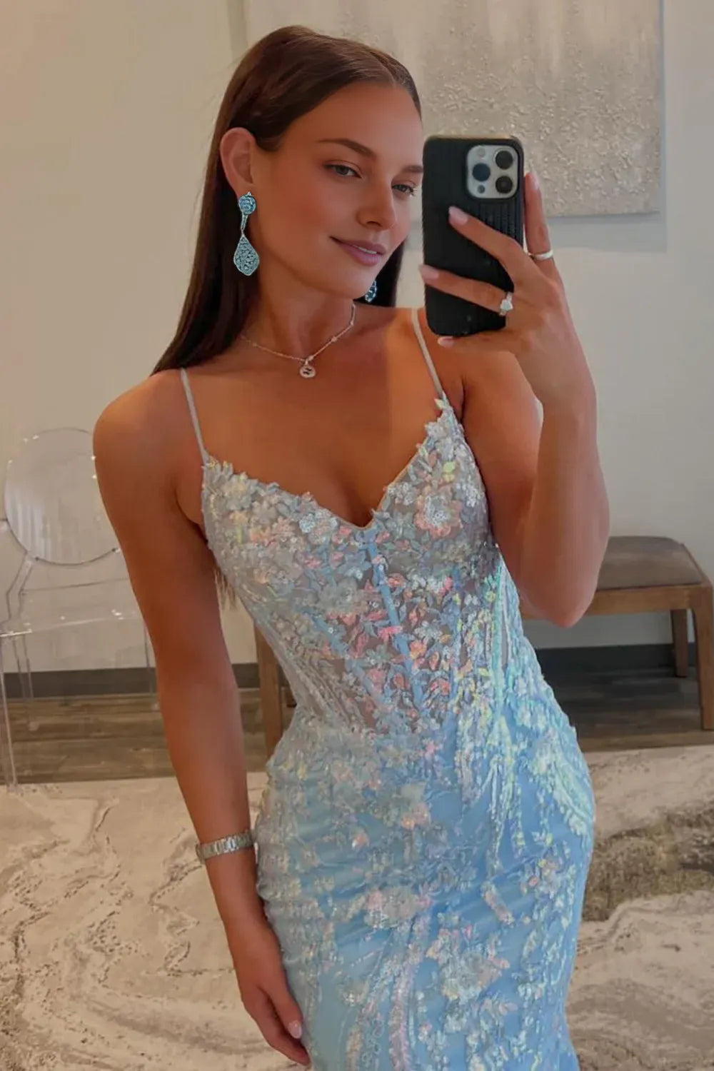 Dress Sequin Light Blue Mermaid Spaghetti Straps Sweep Train Prom Dress