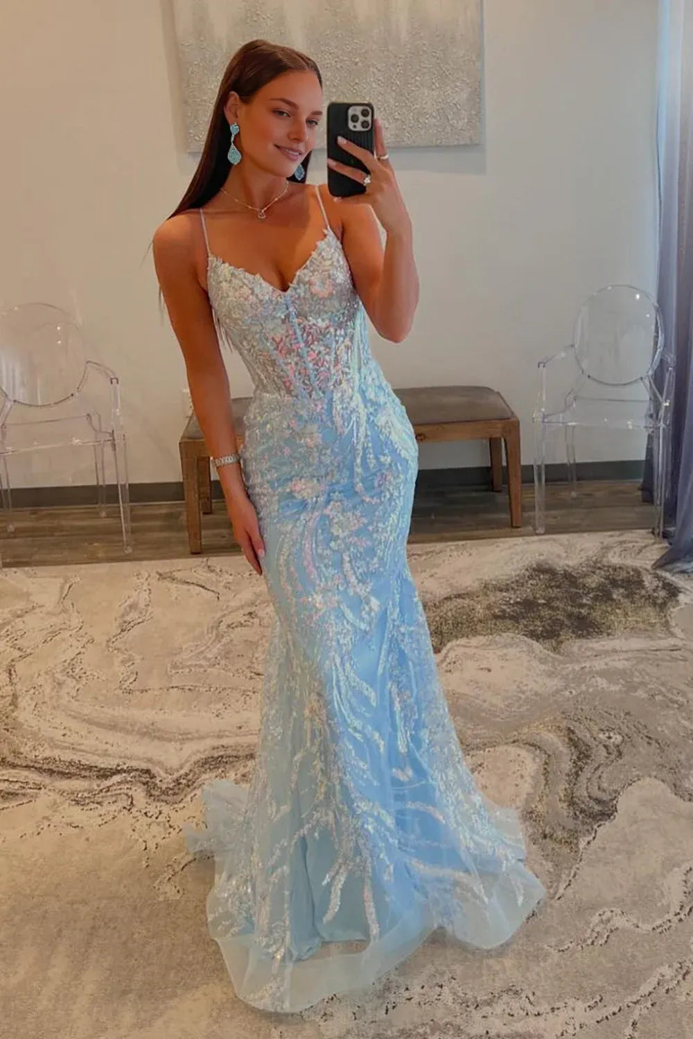 Dress Sequin Light Blue Mermaid Spaghetti Straps Sweep Train Prom Dress