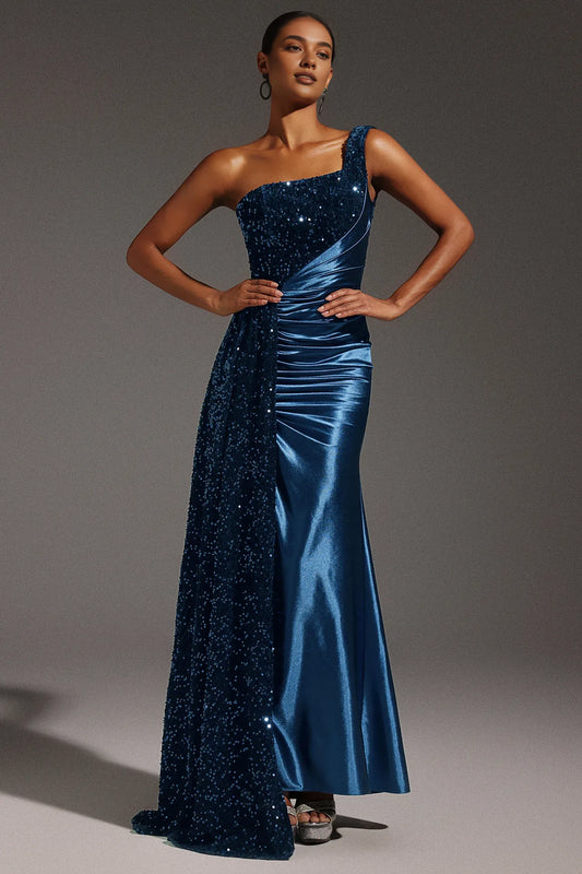 Dress Sequin Maxi Dress One Shoulder Sleeveless Sexy High Slit Lace Up Floor Length Prom Dress