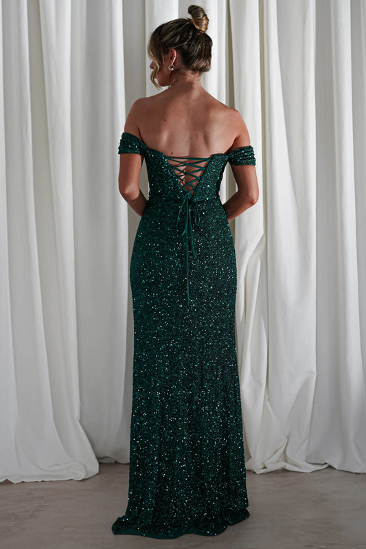Dress Sequin Ruched Bodice Mermaid Gown Off Shoulder Neck Emerald Green Sexy High Slit Prom Dress