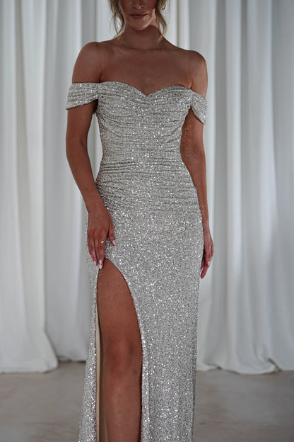 Dress Sequin Ruched Bodice Mermaid Gown Off Shoulder Neck Emerald Green Sexy High Slit Prom Dress