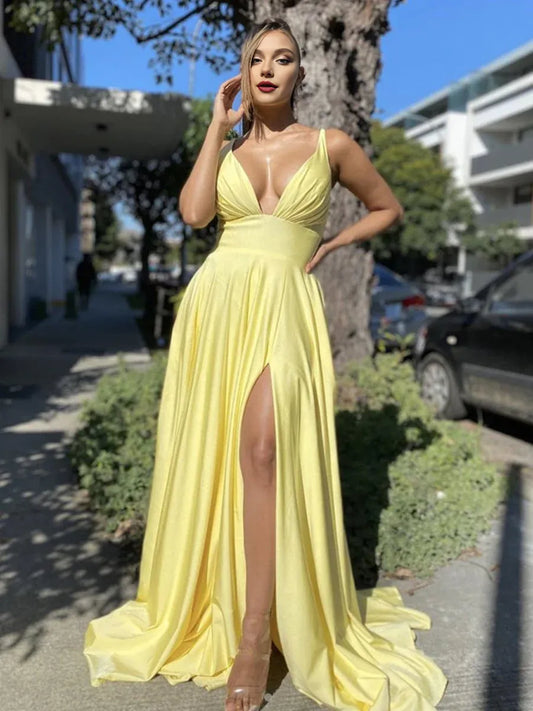 Dress Sexy Long A-line V-neck Backless Satin Backless Formal Prom Dresses with Slit