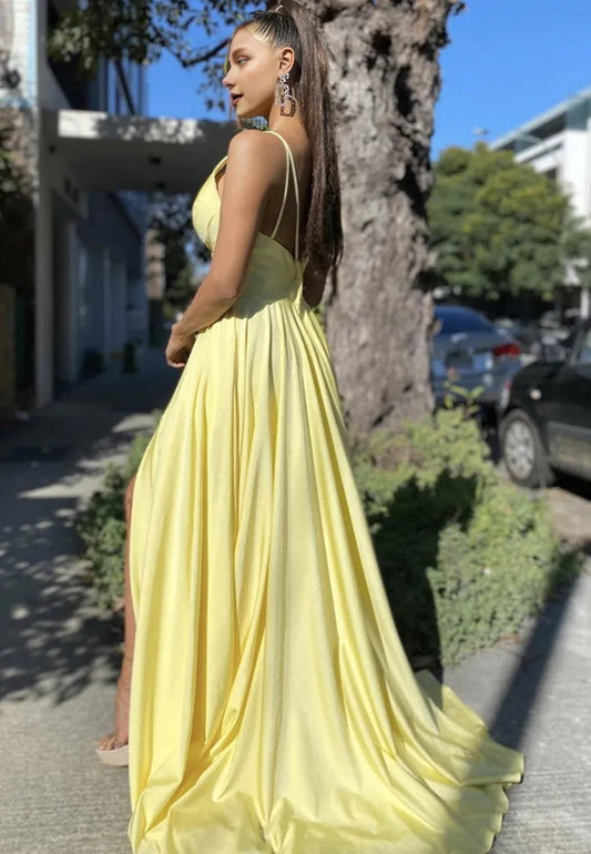 Dress Sexy Long A-line V-neck Backless Satin Backless Formal Prom Dresses with Slit
